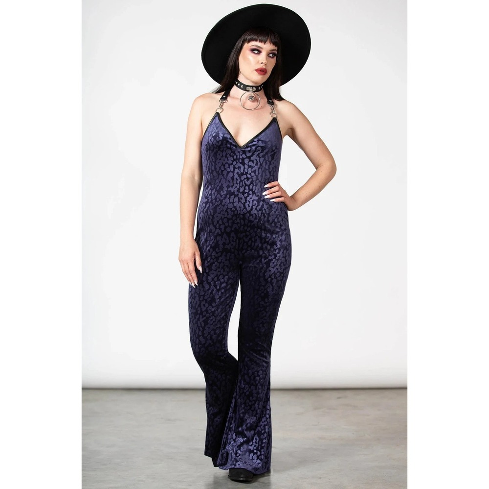 Killstar Huntress Halter Catsuit Jumpsuit S Velvet Plum Purple Leopard Print NWT